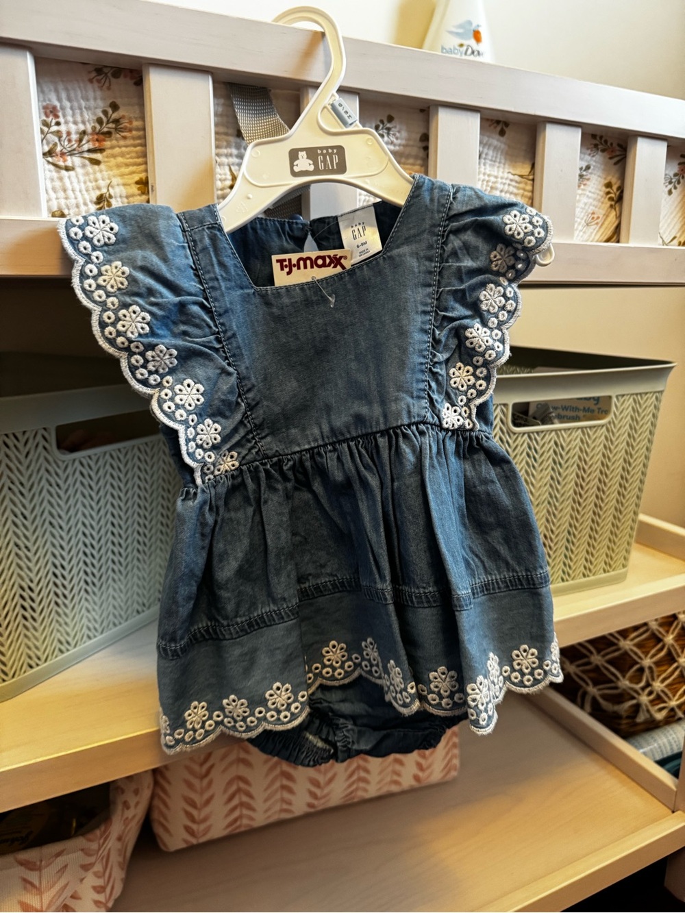 GAP Denim Romper with White Floral Eyelet Trim